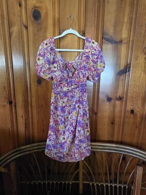 SHEIN Pink Yellow Floral Tie-Back Mini Dress